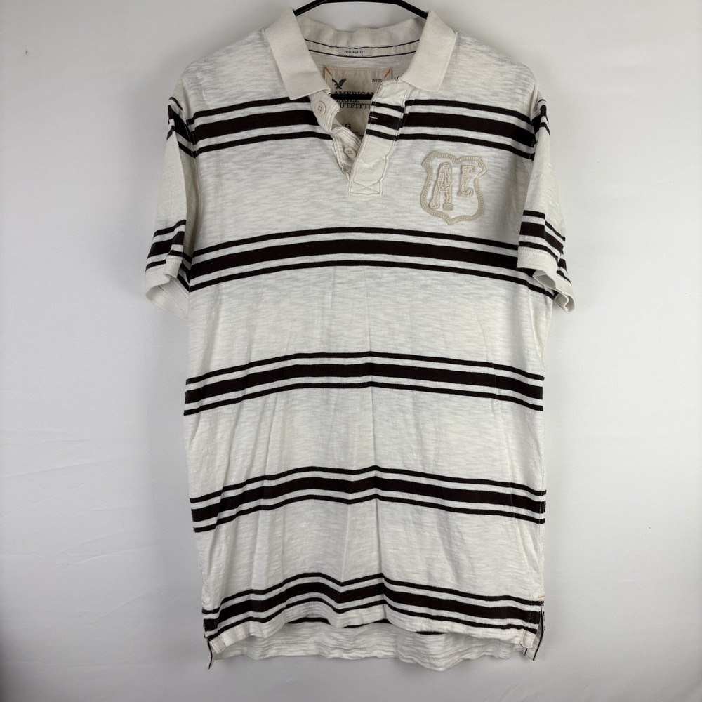 American Eagle Vintage Fit Mens Cream/Black Stripe Henley Shirt Size L Y2K